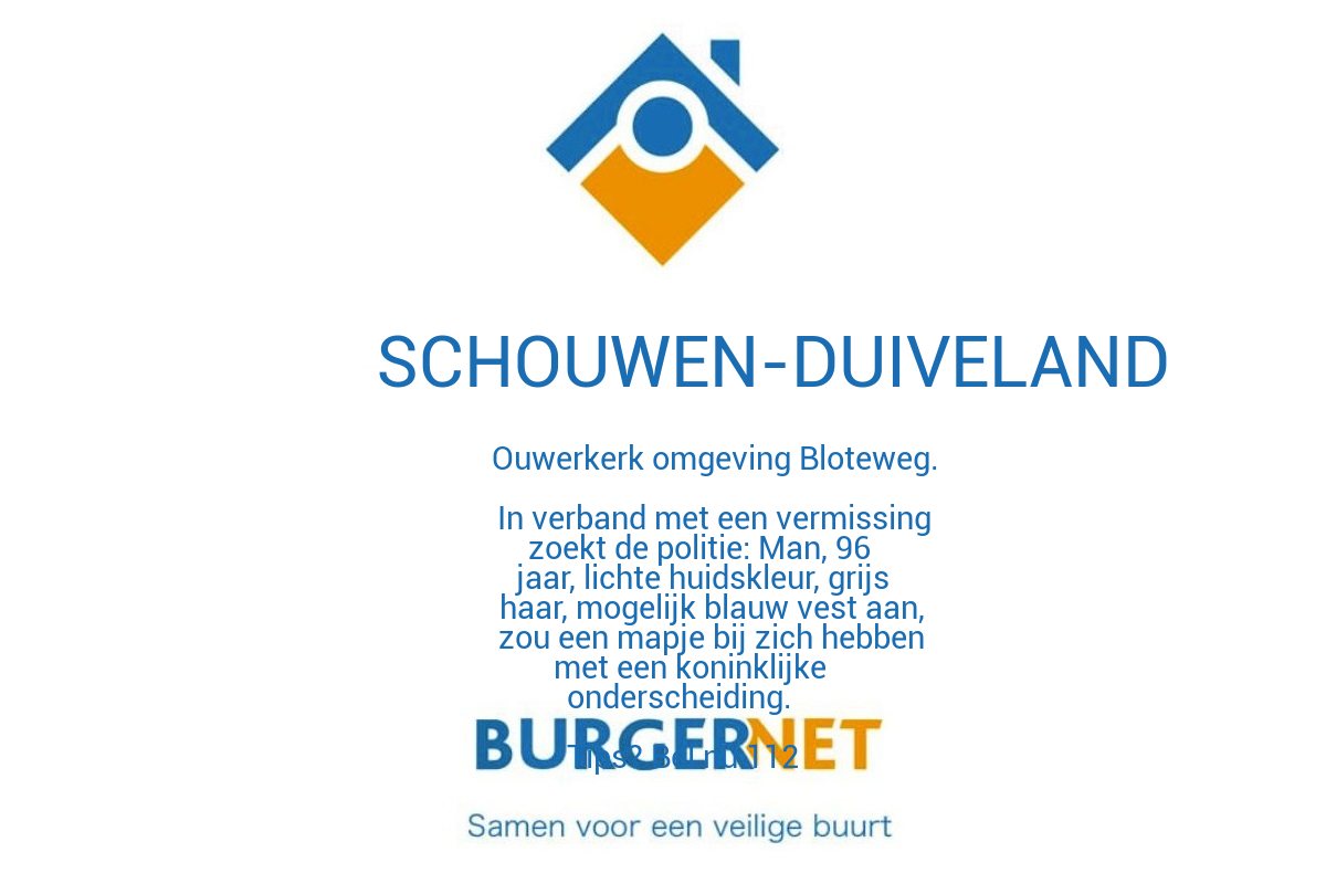 Banner met oproep te zoeken naar vermist persoon.